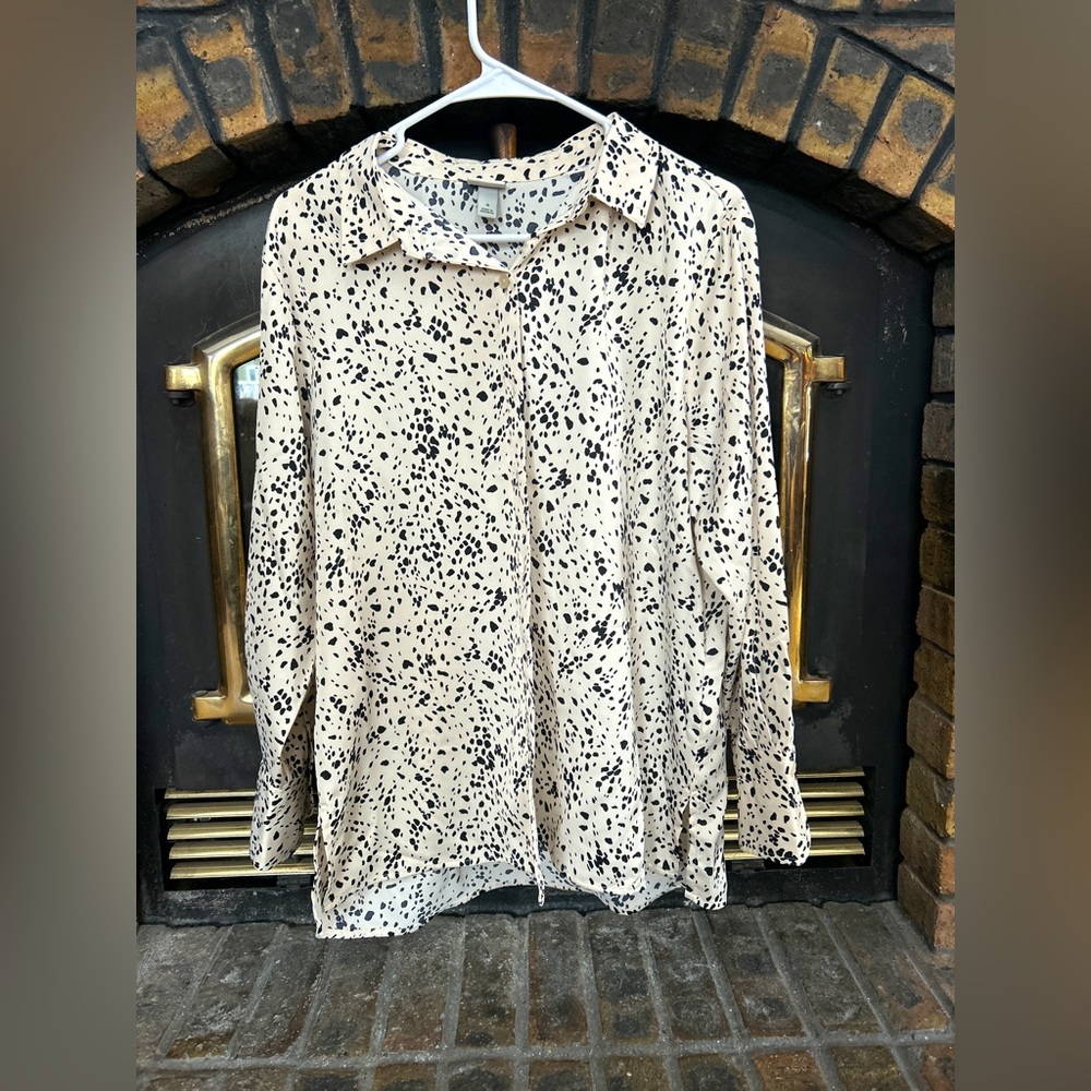 Brand new black and white dotted silk blouse.